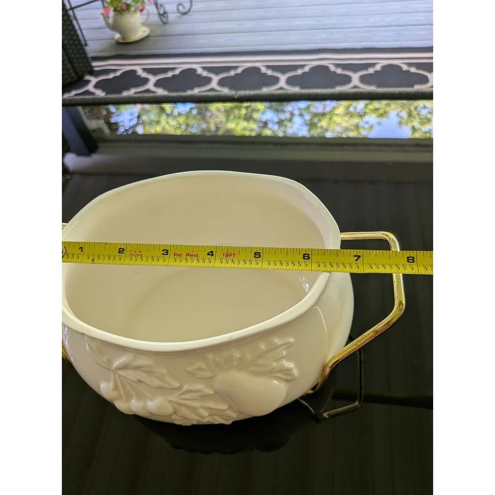 Teleflora Soup Tureen Serving Bowl Lidded Metal Rack Gold Accents Fruit Designs